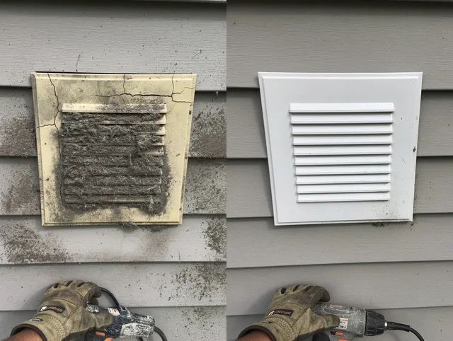 Lakeville Dryer Vent Cleaning technician installing high-quality dryer vent cover at a residential property in Lakeville